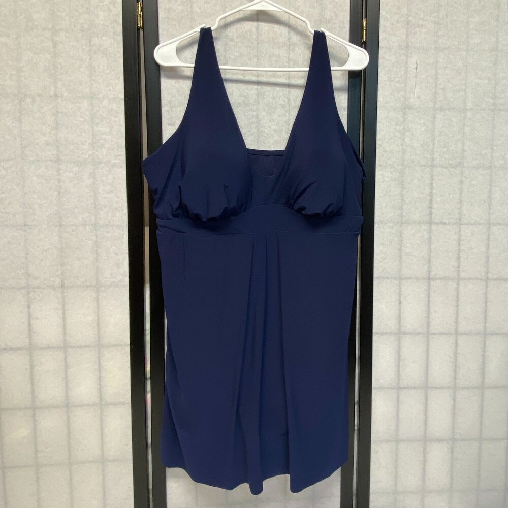Aqua Green Skirted Wide Strap Side Slit One Piece Swimsuit Dress Navy NWT Plus